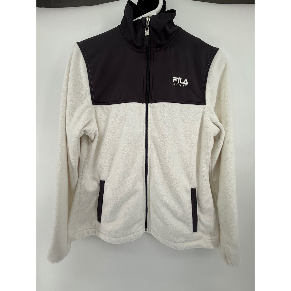 FILA Sport Fleece Jacket Full Zip Mock Neck Color Block White Gray Womens Small‎